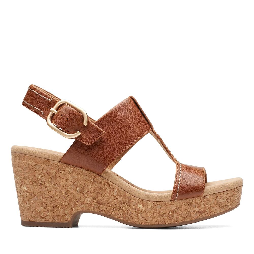 NWT Clarks Women's Giselle Style Wedge Sandal, Tan Leather, 8.5